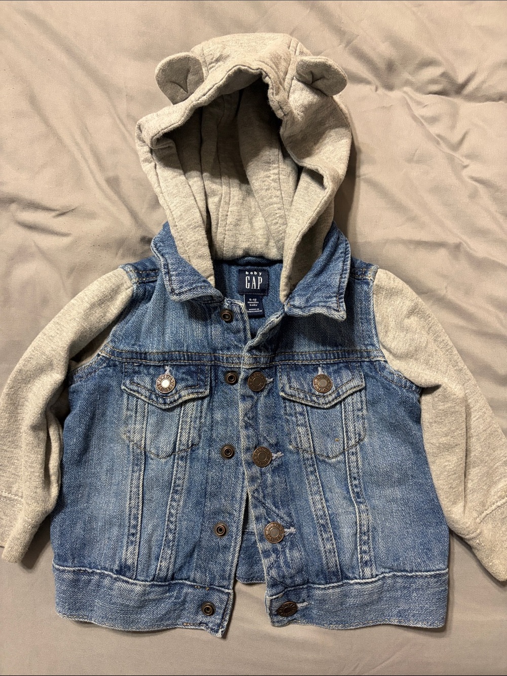 GAP Blue Denim Jacket with Gray Hood and Sleeves